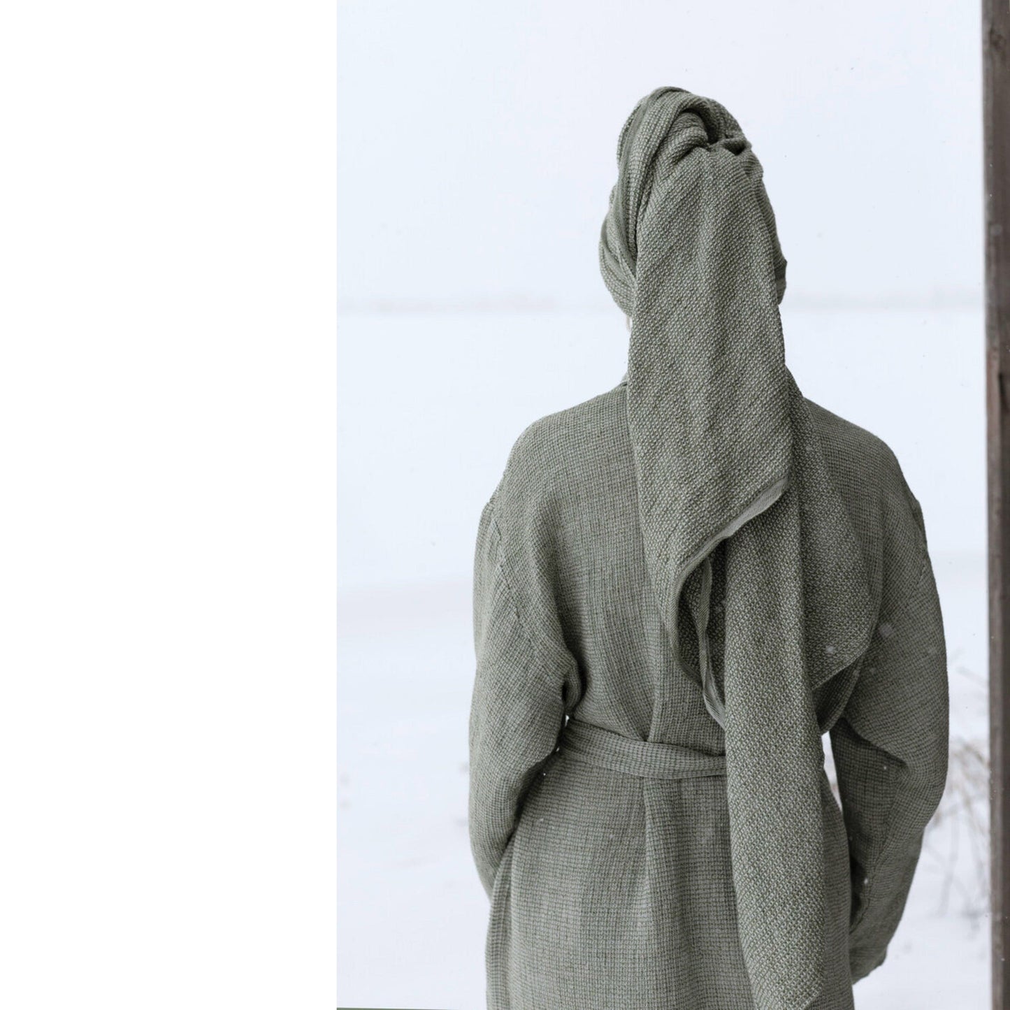 LAPUAN - TERVA WAFFLE BATHROBE. OLIVE+WHITE