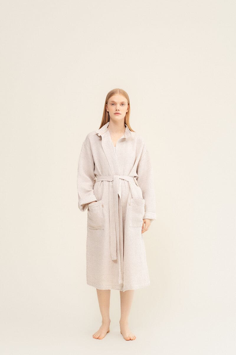 LAPUAN - TERVA WAFFLE BATHROBE. NATURAL+WHITE