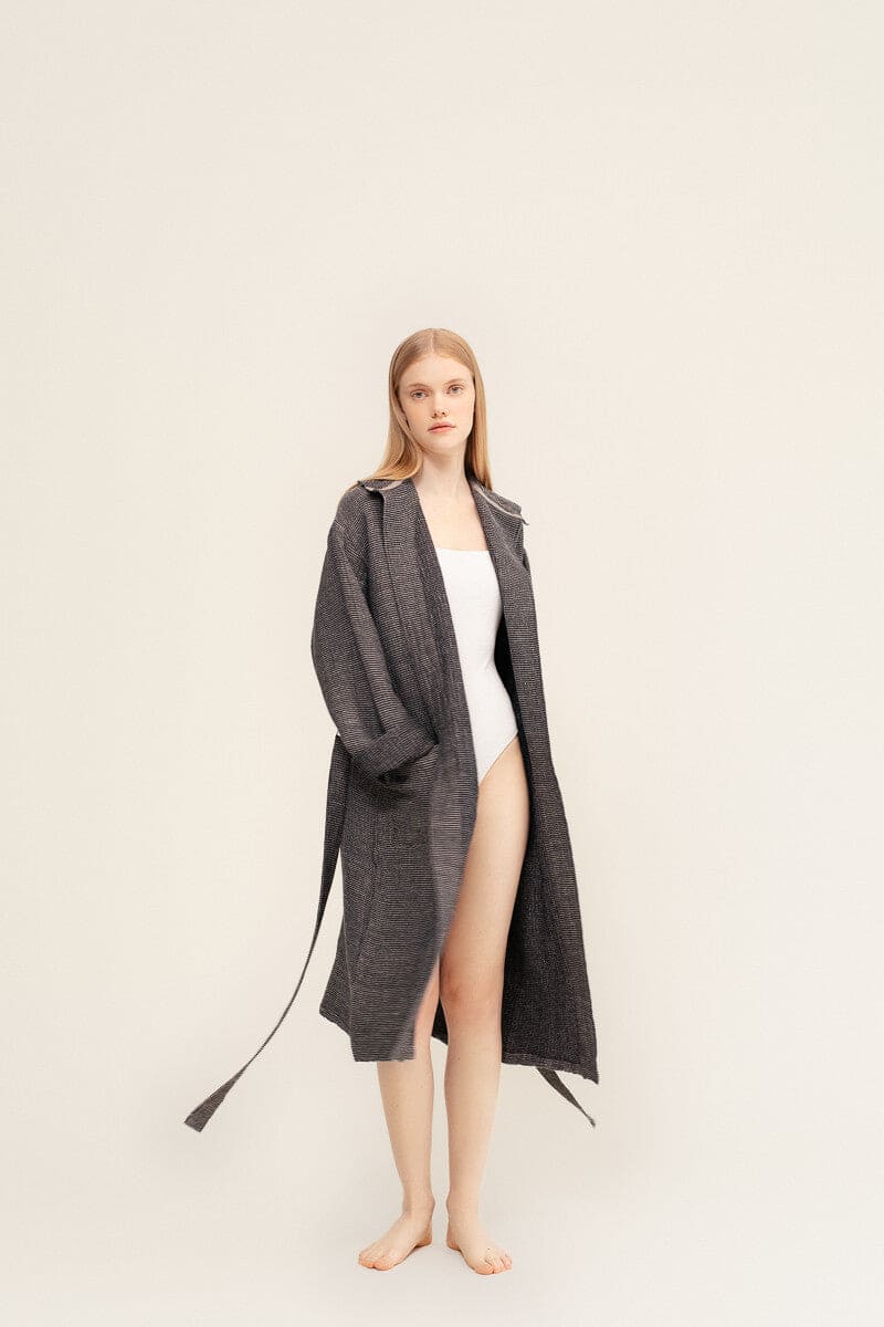 LAPUAN - TERVA WAFFLE BATHROBE. NATURAL+BLACK