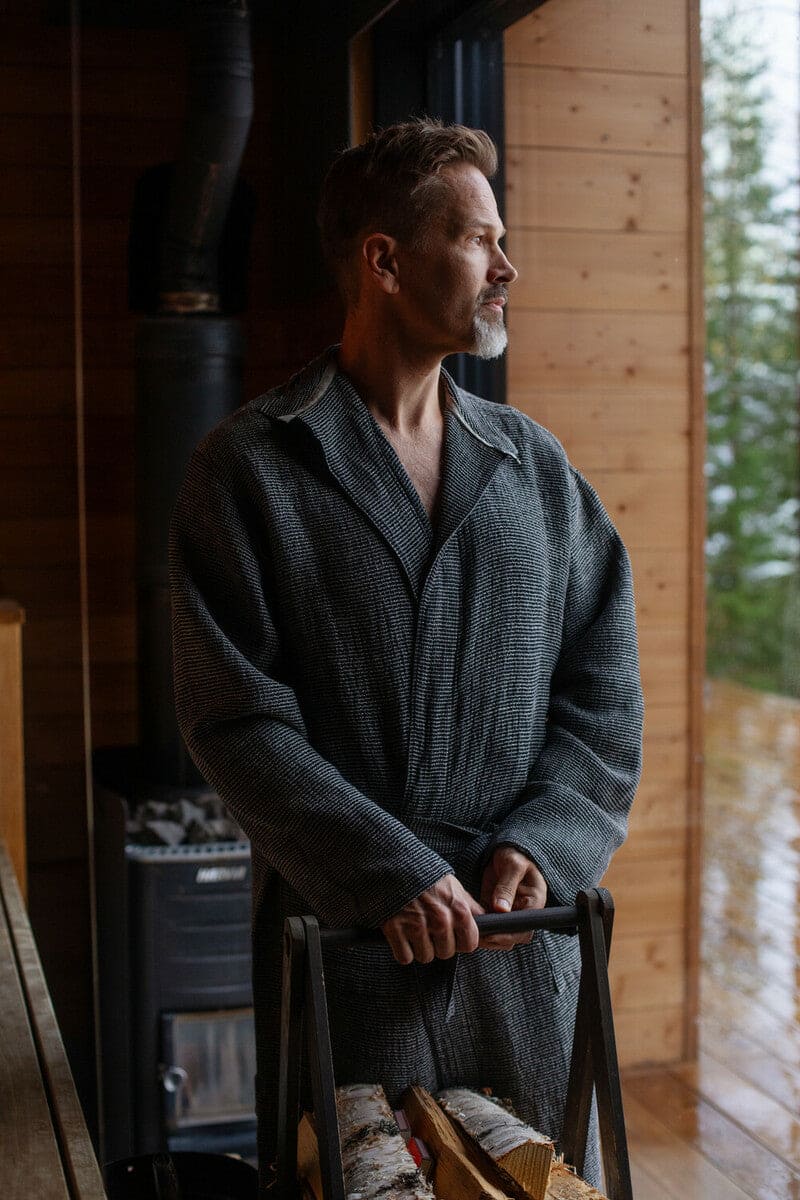 LAPUAN - TERVA WAFFLE BATHROBE. NATURAL+BLACK