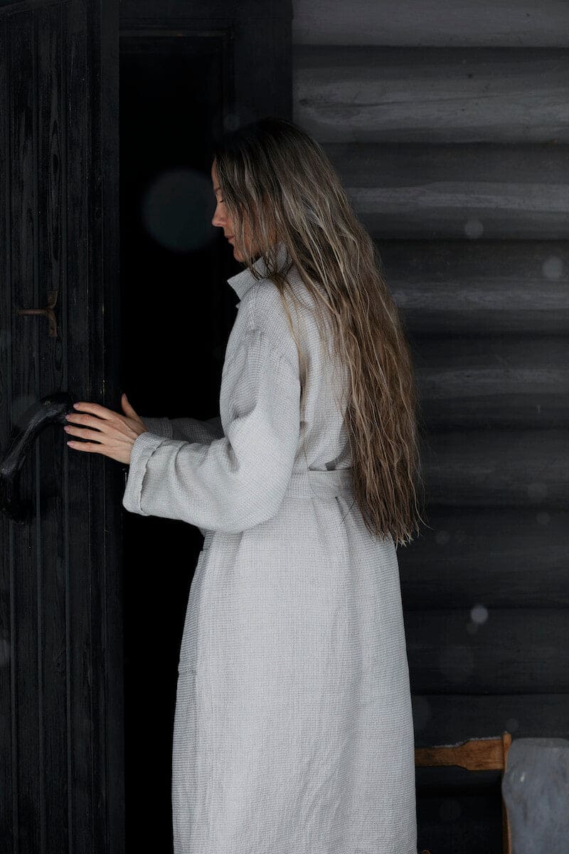 LAPUAN - TERVA WAFFLE BATHROBE. OLIVE+WHITE