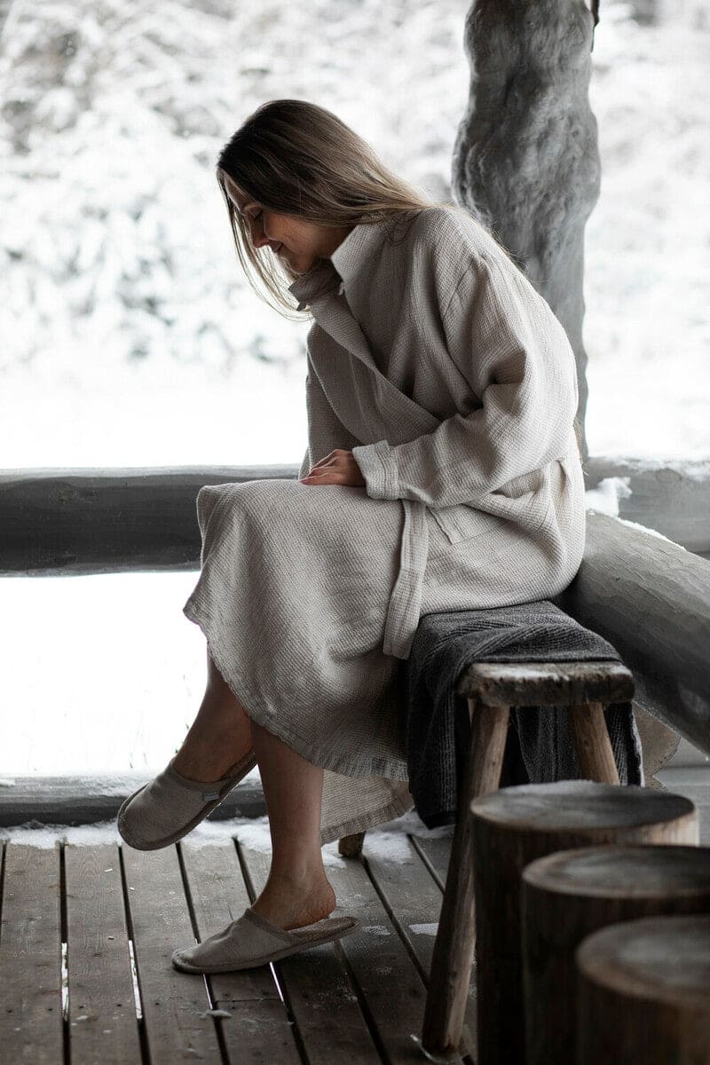 LAPUAN - TERVA WAFFLE BATHROBE. OLIVE+WHITE