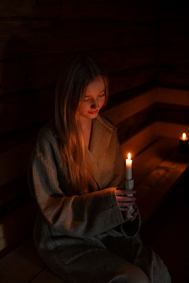 LAPUAN - TERVA WAFFLE BATHROBE. OLIVE+WHITE