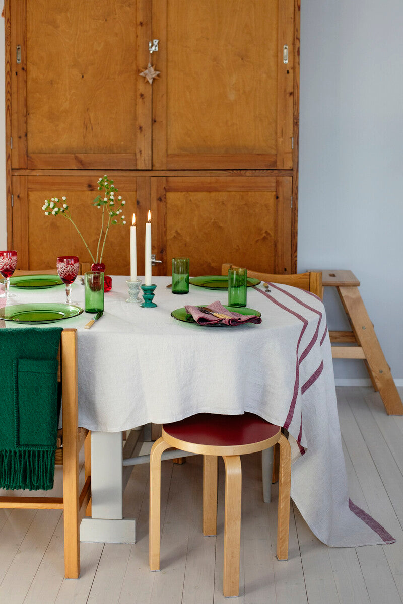 LAPUAN - USVA LINEN TABLECLOTH / BLANKET. NATURAL+BURGUNDY