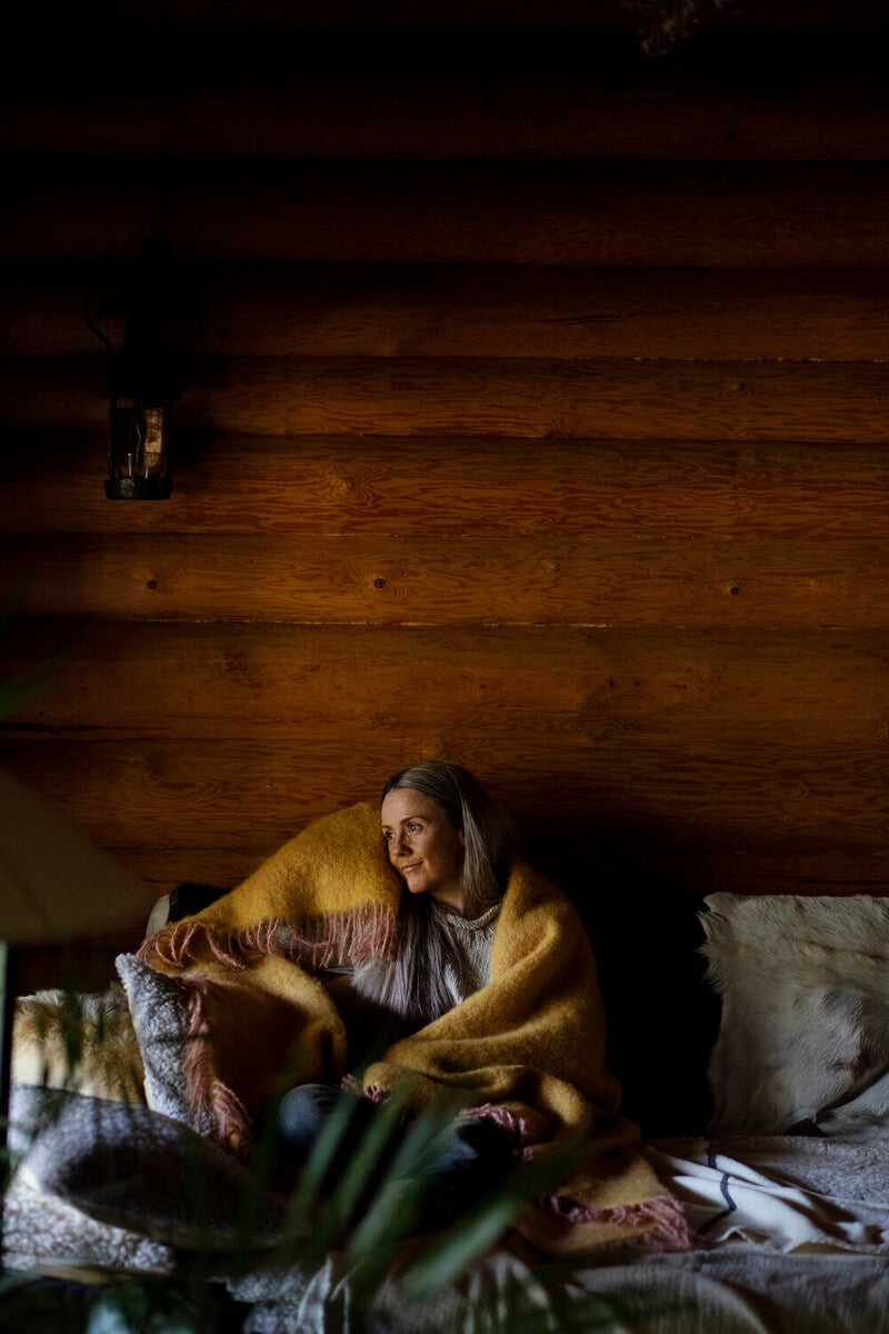 LAPUAN - REVONTULI MOHAIR BLANKET. OCHRE+ROSE POWDER