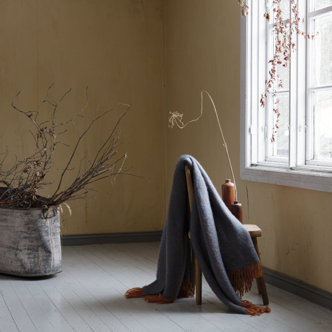 LAPUAN - REVONTULI MOHAIR BLANKET. DENIM BLUE+RUST