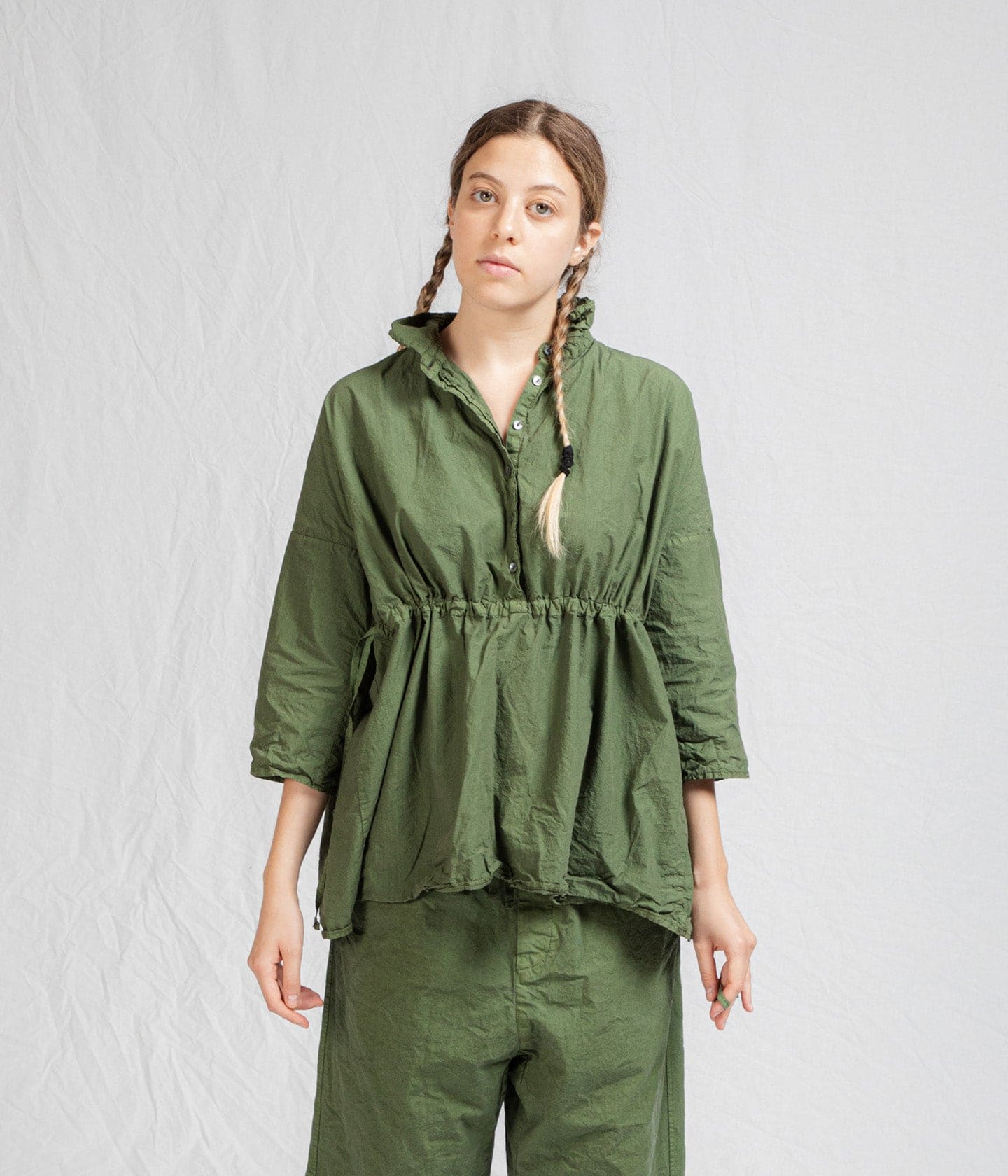 ALBUM DI FAMIGLIA - DRAWSTRING COLLAR SHIRT TC LIGHT COTTON SHIRT - GREEN