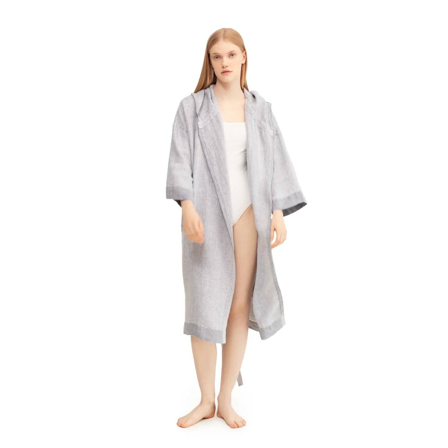 LAPUAN - KASTE PRESHRUNK LINEN BATHROBE WITH HOOD. GREY
