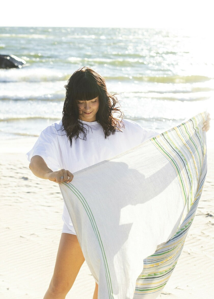 LAPUAN - WATAMU LINEN HAND TOWEL. YELLOW+GREEN