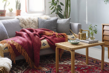 LAPUAN - COUVERTURE EN MOHAIR REVONTULI. ROUILLE+BOURGOGNE